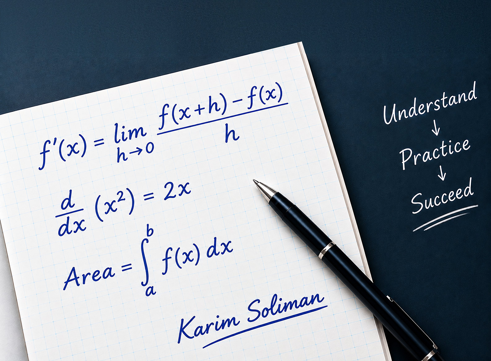 Handwritten calculus notes signed by Karim Soliman, beside the words Understand, Practice, Succeed.
